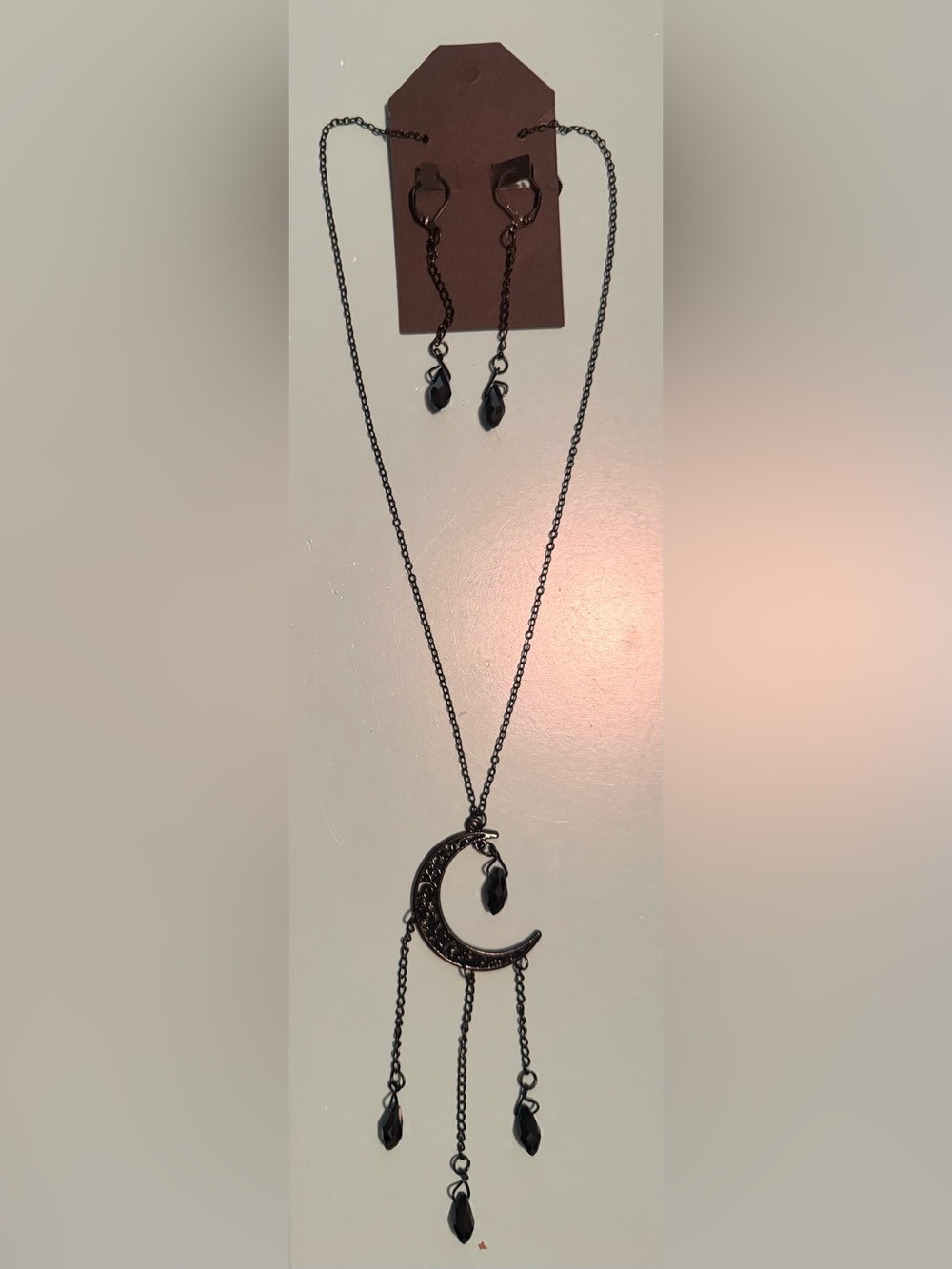 Black Crescent Filigree Moon Beaded Dangle Necklace and Earring Set